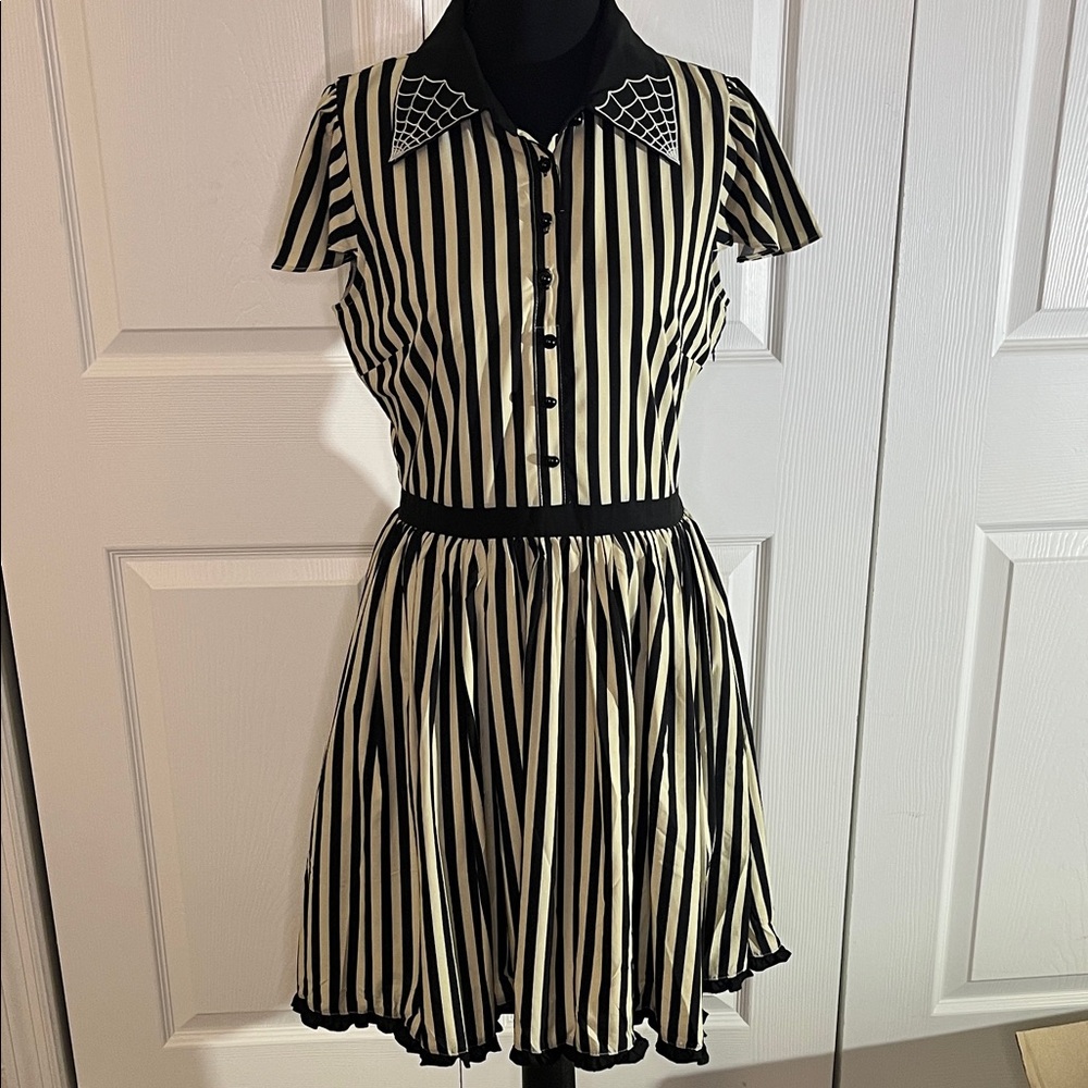 Sourpuss Lydia Black Cream Striped Dress Embroidered Spiderweb Goth Small